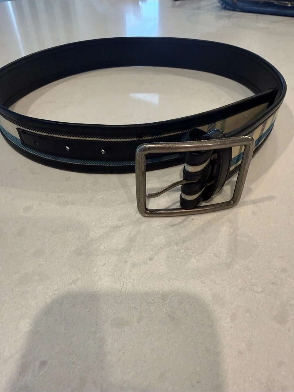 Ladies’ preppy canvas Plaid Belt in Navy, Green, and Cream